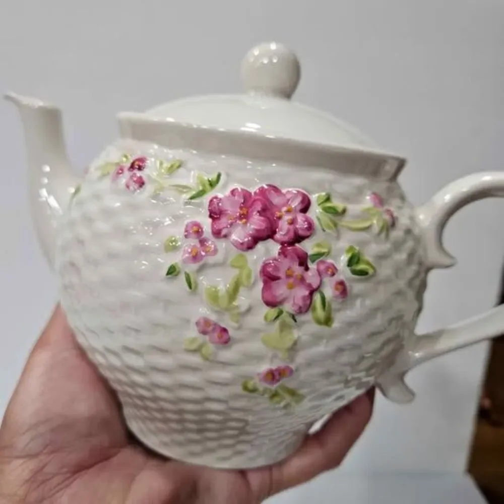 Ceramic Teapot with Floral Design and Basket Weave Texture From Teleflora
